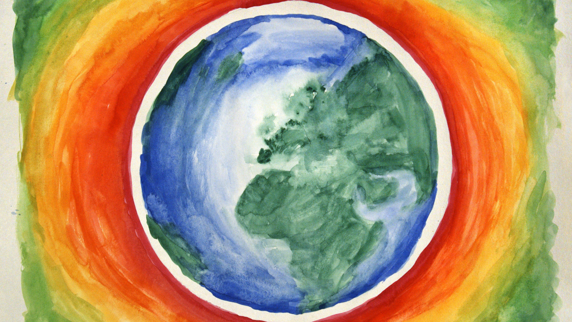 Water color image of the earth with a rainbow behind