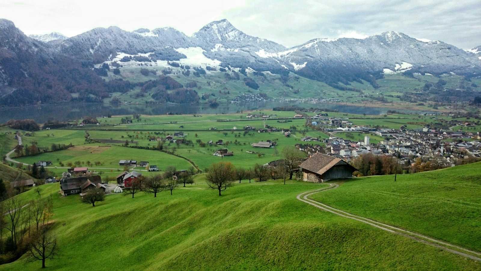 Image of Schwyz Switzerland, with hills trees and cottages